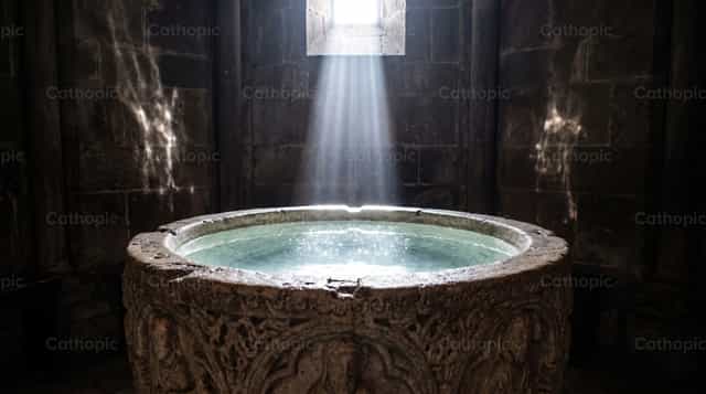 Fonts baptismaux illuminés par une lumière céleste - Images catholiques de stock - Photo de Clara González-Rojas