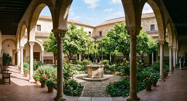 Cloître de monastère avec jardin - Images catholiques de stock - Photo de Clara González-Rojas