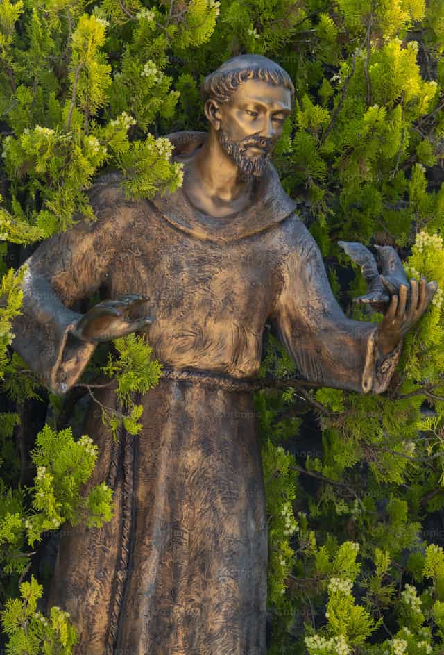 Saint Francis of Assisi with a bird - Catholic stock images - Photo by Joan Sutter