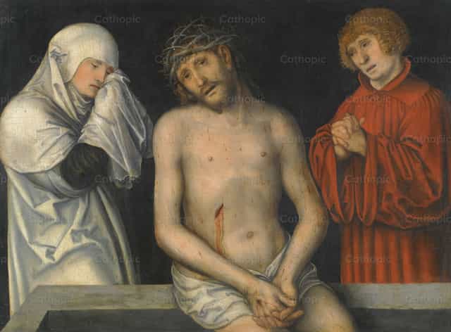 Chrystus jako Człowiek Utrapienia wraz z Dziewicą i św. Janem - Katolickie zdjęcia stockowe - Zdjęcie: Restored Christian Art