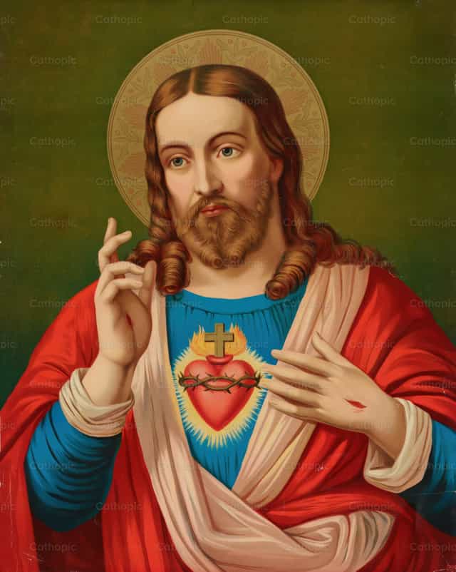 Porträt Jesu mit Wunden in den Händen und Heiligenschein - Katholische Stockfotos - Foto von Restored Christian Art