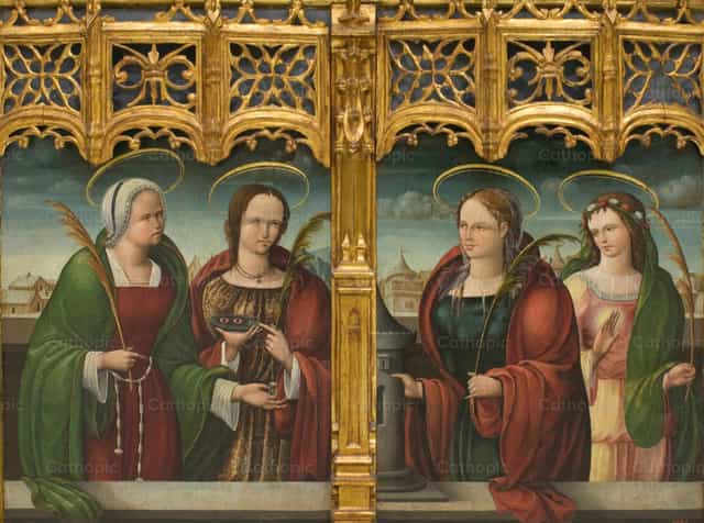 Las santas Apolonia, Lucía y Bárbara y otra santa mártir - Banco de imágenes católicas