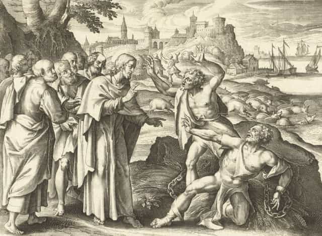 Le Christ guérit deux hommes possédés dans la région des Géraséniens - Images catholiques de stock
