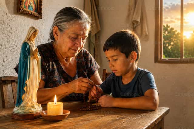 Abuela y nieto rezando el Rosario al atardecer - Banco de imágenes católicas - Fotografía por Jose Conejo Saenz