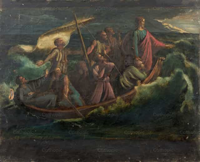 Jezus in de storm op het Meer van Galilea - Katholieke stockfoto's - Foto door Restored Christian Art