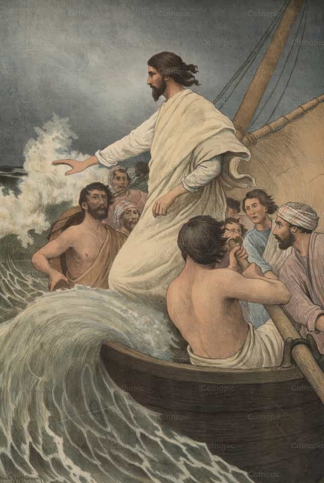 Jezus temt de storm - Katholieke stockfoto's - Foto door Restored Christian Art
