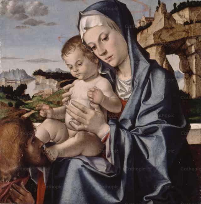 La Vergine e il Bambino con un Santo - Immagini stock cattoliche