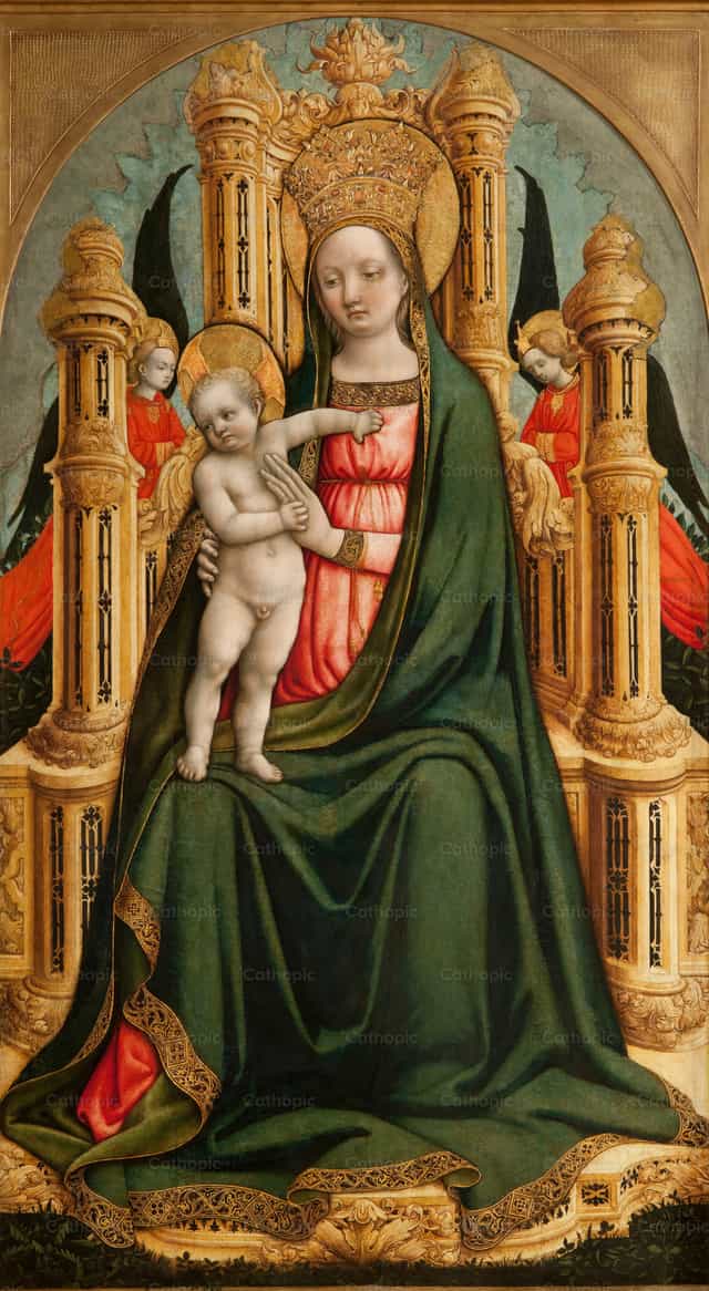 왕좌에 모셔진 성모자와 두 천사 - 가톨릭 스톡 이미지 - 사진 제공 Restored Christian Art