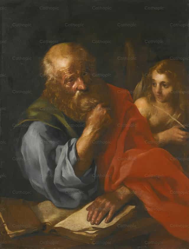 Een apostel, waarschijnlijk de heilige Mattheüs, met een engel - Katholieke stockfoto's - Foto door Restored Christian Art