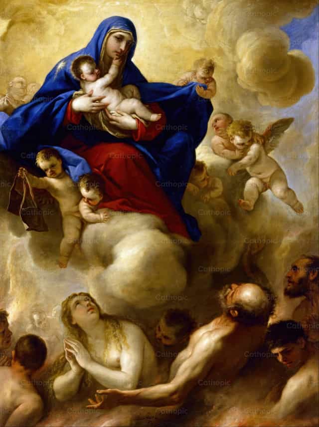 La Virgen con el Niño y las almas del Purgatorio - Banco de imágenes católicas - Fotografía por Restored Christian Art