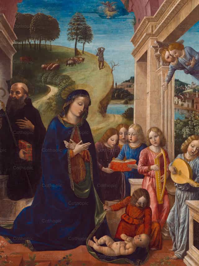 Pagsamba sa Bata kasama si San Benito at mga Anghel - Mga Catholic stock image