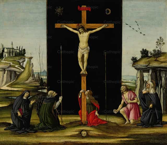 Christ on the Cross adored by Saints Monica, Augustine, Mary Magdalen, Jerome and Bridget of Sweden - Catholic stock images