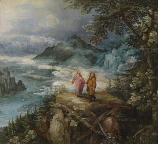 Pejzaż górski z pokusą Chrystusa - Katolickie zdjęcia stockowe - Zdjęcie: Restored Christian Art