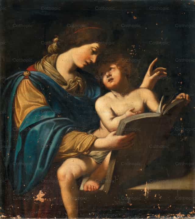 La Virgen enseñando a leer al Niño Jesús - Banco de imágenes católicas - Fotografía por Restored Christian Art