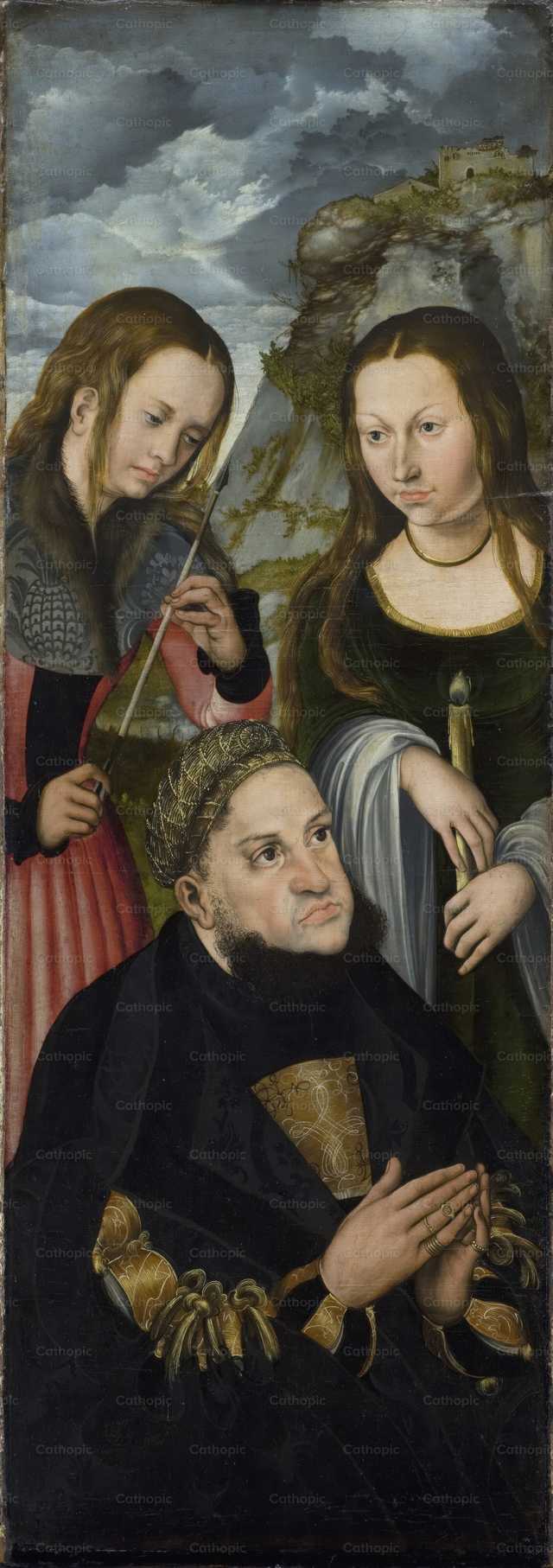 Elektor Fryderyk Mądry z Saksonii (1463–1525) ze świętymi Urszulą (po lewej) i Genowefą (po prawej) - Katolickie zdjęcia stockowe - Zdjęcie: Restored Christian Art