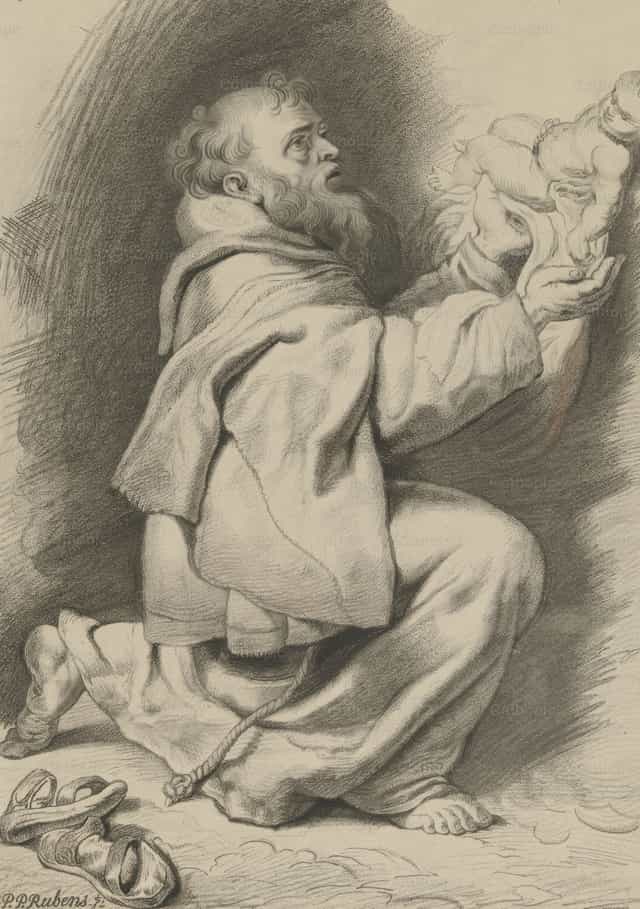 San Francisco de Asís recibe al Niño Jesús - Banco de imágenes católicas