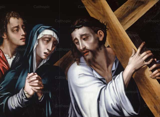 Cristo carregando a cruz com a Virgem e São João - Imagens católicas de stock - Foto de Restored Christian Art