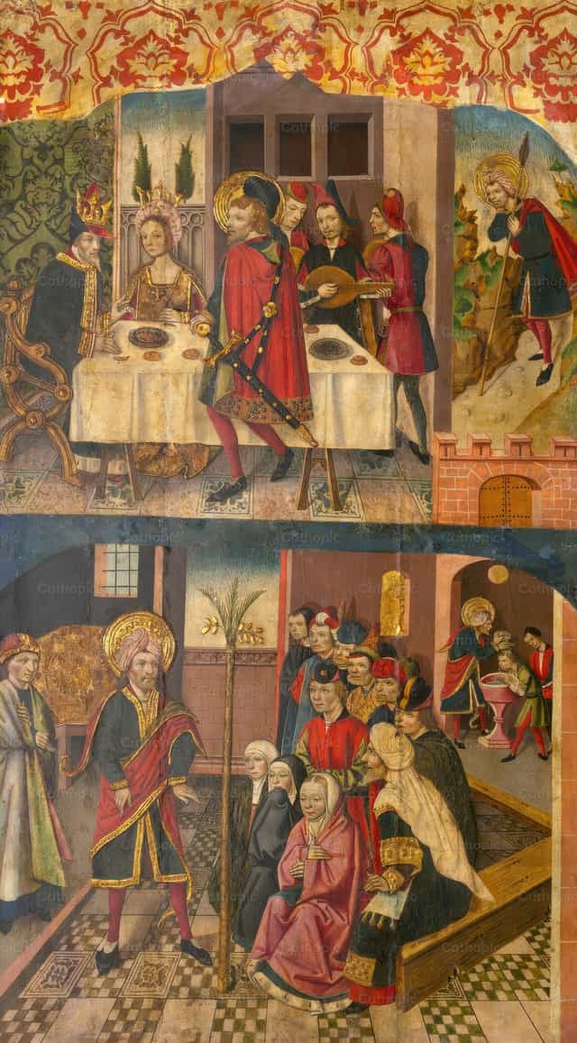 Szent Kristóf búcsút vesz a Sátántól rettegő királytól; Szent Kristóf és megtérítettjei - Katolikus stockképek - Fotó: Restored Christian Art