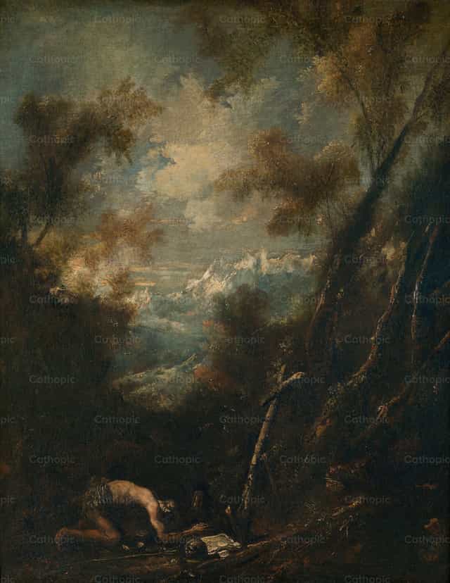 San Girolamo in un paesaggio - Immagini stock cattoliche