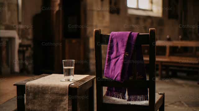 Veste litúrgica roxa sobre cadeira de madeira na capela - Imagens católicas de stock - Foto de Noemí Márquez