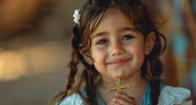 Niña sonriendo con su cruz - Banco de imágenes católicas - Fotografía por Paola Rossinelli