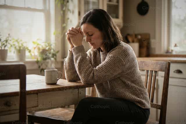 Babaeng nagdarasal sa umaga sa mesa ng kusina - Mga Catholic stock image - Larawan ni Noemí Márquez