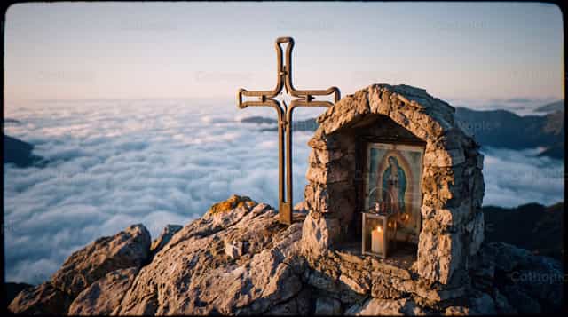 Krus sa bundok na may dambana ng Birhen sa pagsikat ng araw - Mga Catholic stock image - Larawan ni Noemí Márquez
