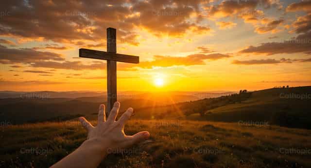 Alcançando a Cruz ao Pôr do Sol - Imagens católicas de stock
