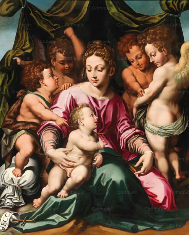 La Vierge à l’Enfant avec l’Enfant saint Jean-Baptiste et des anges - Images catholiques de stock