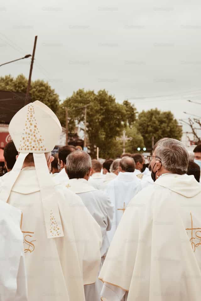 Walking with Bishop in a Mitre - Catholic stock images