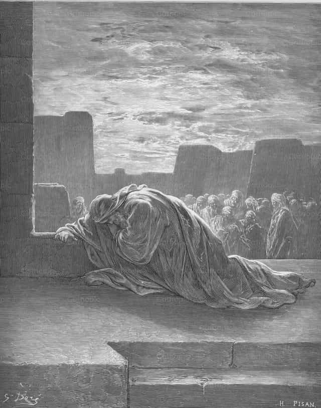 Esdras se arrodilla en oración - Banco de imágenes católicas