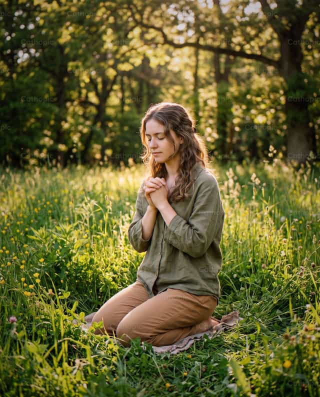 Joven mujer orando en el campo al atardecer. - Banco de imágenes católicas - Fotografía por Noemí Márquez