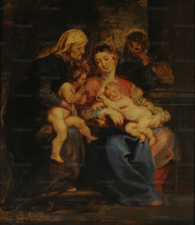 De Heilige Familie met de heilige Elisabeth en de heilige Johannes - Katholieke stockfoto's