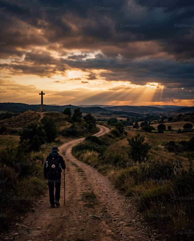 Peregrino solitario bajo la cruz al atardecer - Banco de imágenes católicas