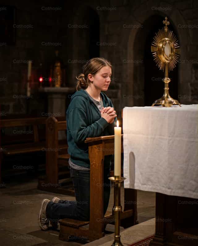 Eucharistic Adoration of a young woman - Catholic stock images - Photo by Noemí Márquez