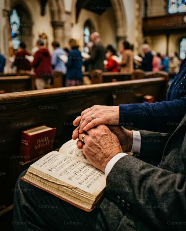 Mga kamay ng mag-asawang nagdarasal na may himnaryo sa bangko ng simbahan - Mga Catholic stock image - Larawan ni Noemí Márquez