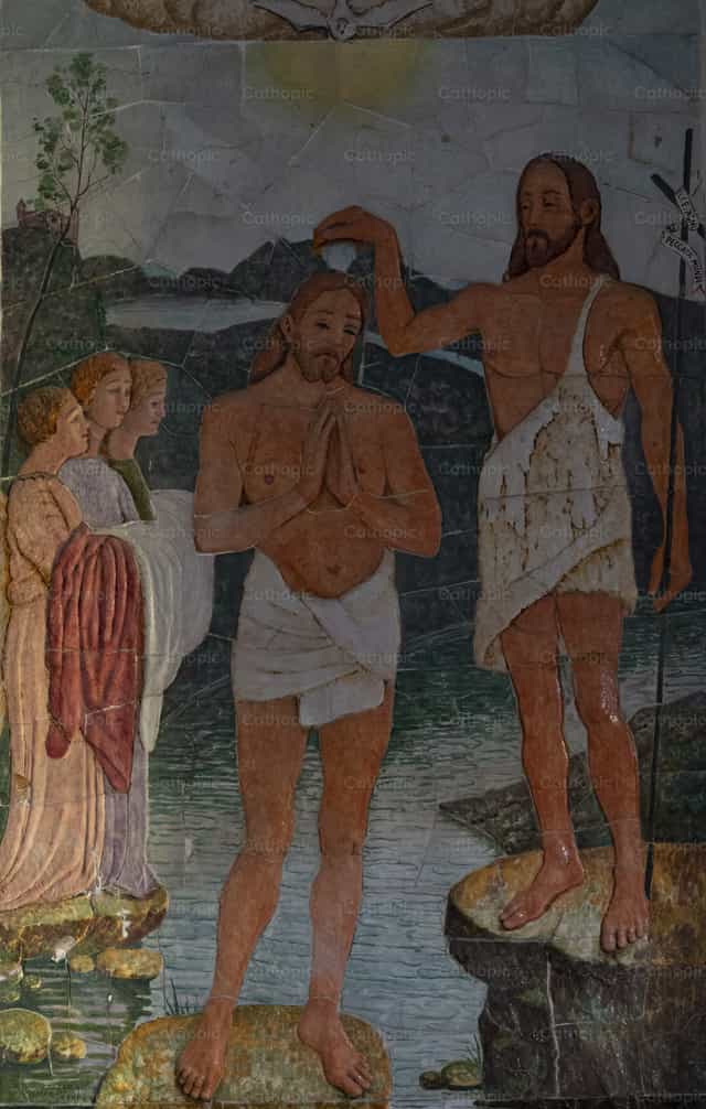 Mosaic of Baptism of Jesus by John the Baptist in the Jordan river. - Catholic stock images - Photo by Joan Sutter