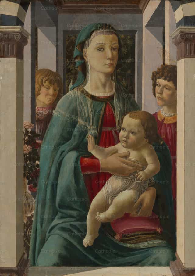 Vierge à l’Enfant avec deux anges - Images catholiques de stock