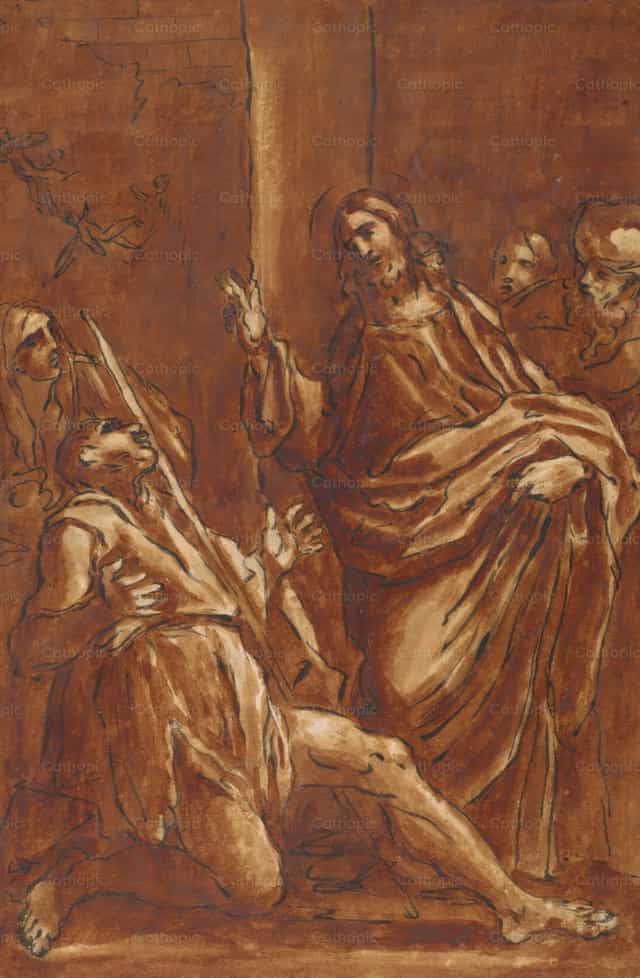 Christus, der Dämonen aus einem lahmen Mann austreibt - Katholische Stockfotos
