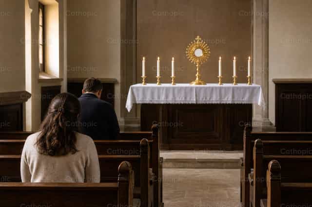 Dalawang nasa hustong gulang sa Eukaristikong Adorasyon - Mga Catholic stock image - Larawan ni Filip Pleše