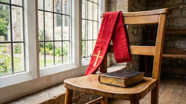 Vörös liturgikus stóla arany kereszttel fa széken - Katolikus stockképek