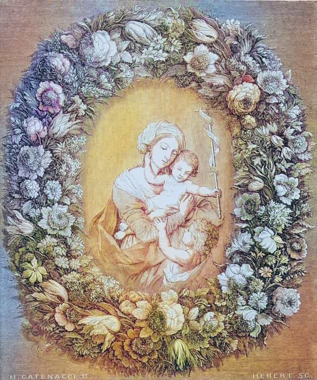 María sosteniendo al Niño Jesús, rodeada de una guirnalda - Banco de imágenes católicas - Fotografía por Bible and Art