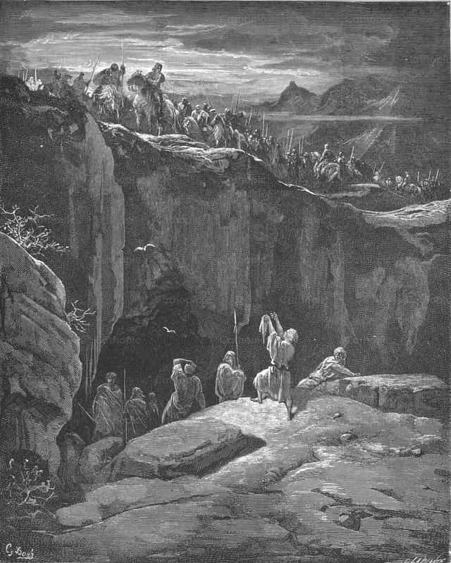 David zeigt Saul, wie er sein Leben verschonte - Katholische Stockfotos - Foto von Restored Christian Art