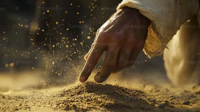 Jésus avec une poignée de sable - Images catholiques de stock - Photo de Carolina BR