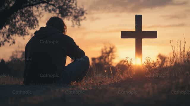 Jeune homme devant la croix - Images catholiques de stock