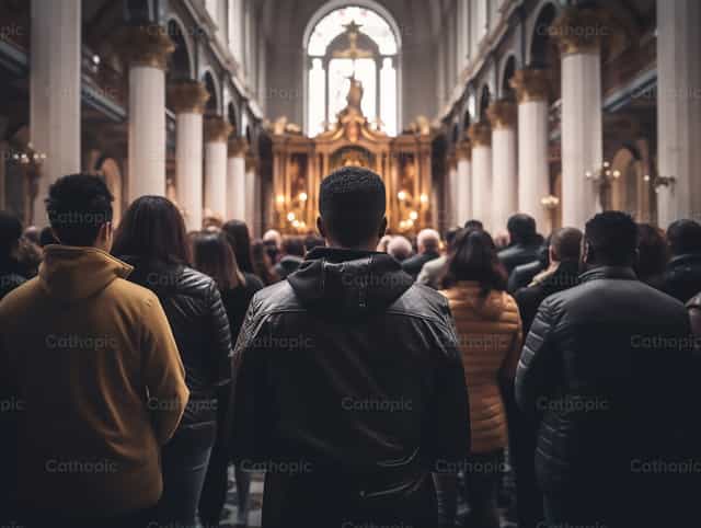 Jeunes à la messe - Images catholiques de stock