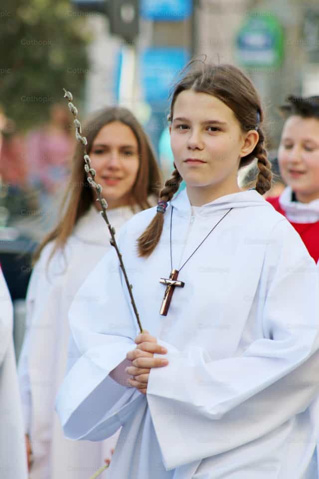 Acolyte avec un rameau de saule, dans la procession du Dimanche des Rameaux - Images catholiques de stock