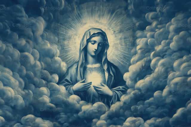 Grabado de Virgen entre las nubes - Banco de imágenes católicas