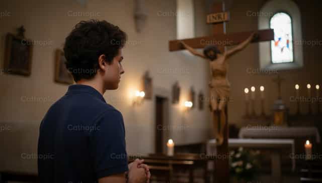 Saint Carlo Acutis priant devant un crucifix - Images catholiques de stock