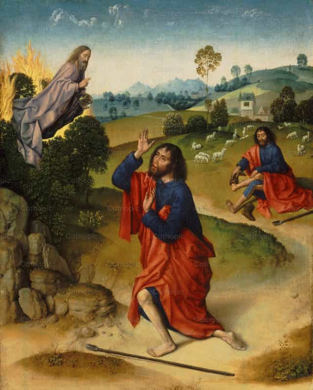 Si Moises at ang nasusunog na palumpong, kasama si Moises na tinatanggal ang kanyang sapatos - Mga Catholic stock image - Larawan ni Restored Christian Art